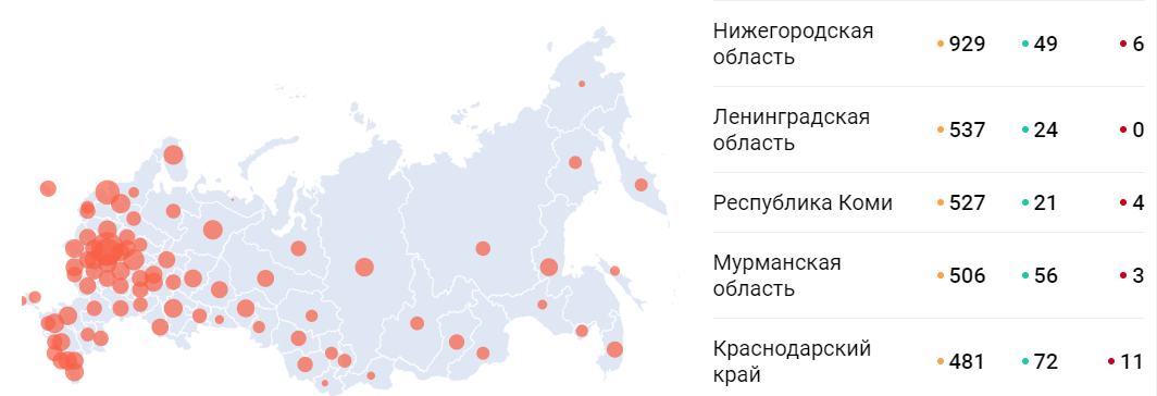 Названы регионы России с наибольшим числом зараженных коронавирусом