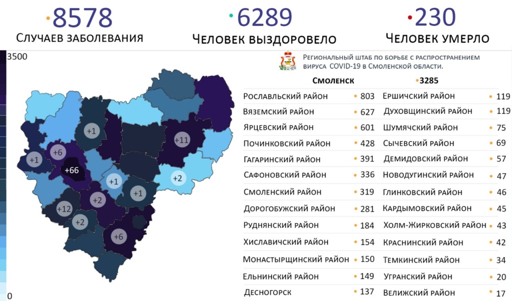 В Смоленске выявили 3285 зараженных коронавирусом