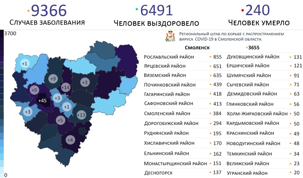 В Смоленской области зараженных коронавирусом выявили на 12 территориях
