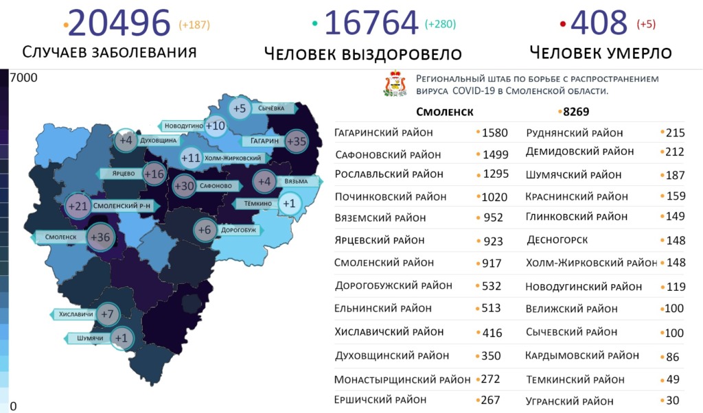 В Смоленской области новые случаи коронавируса выявили на 14 территориях