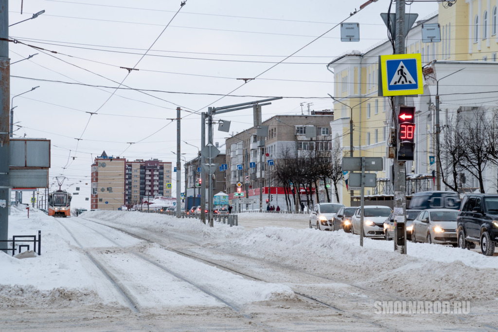 смоленск, снег, город, снегопад, улицы, общественный транспорт, машины, трамвай