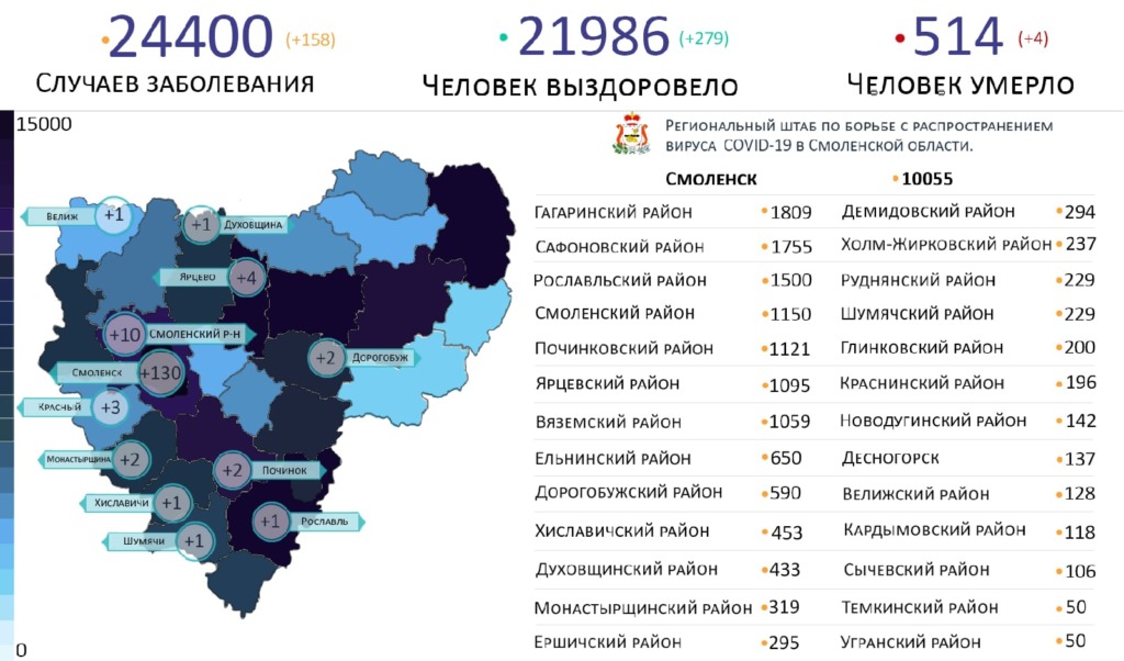 В Смоленской области новые случаи коронавируса выявили на 12 территориях