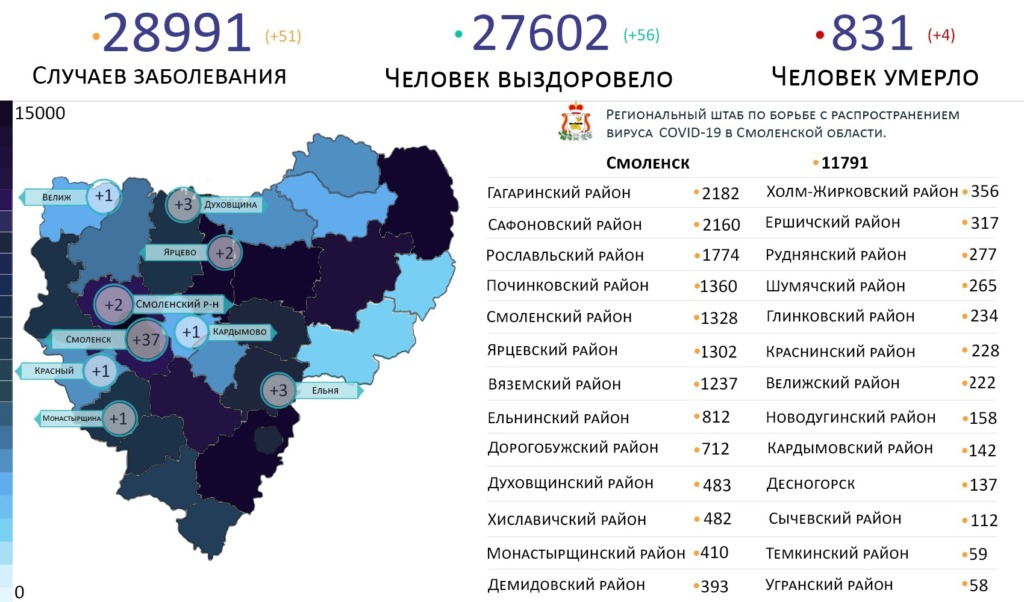 Новые случаи коронавируса в Смоленской области на 21 апреля выявили на 9 территориях