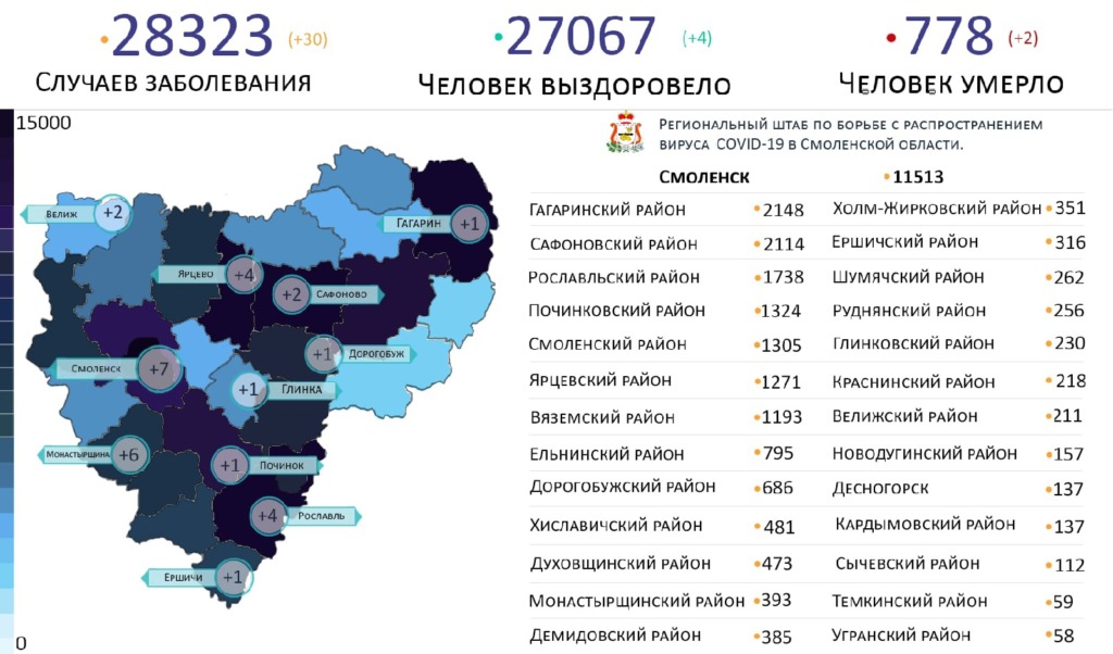 В Смоленской области новые случаи коронавируса на 5 апреля выявили на 11 территориях