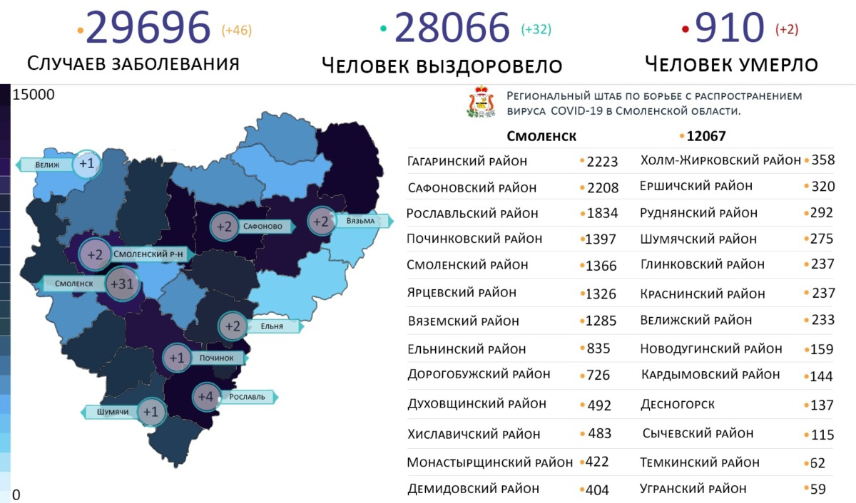 В Смоленской области новые случаи коронавируса выявили на 9 территориях