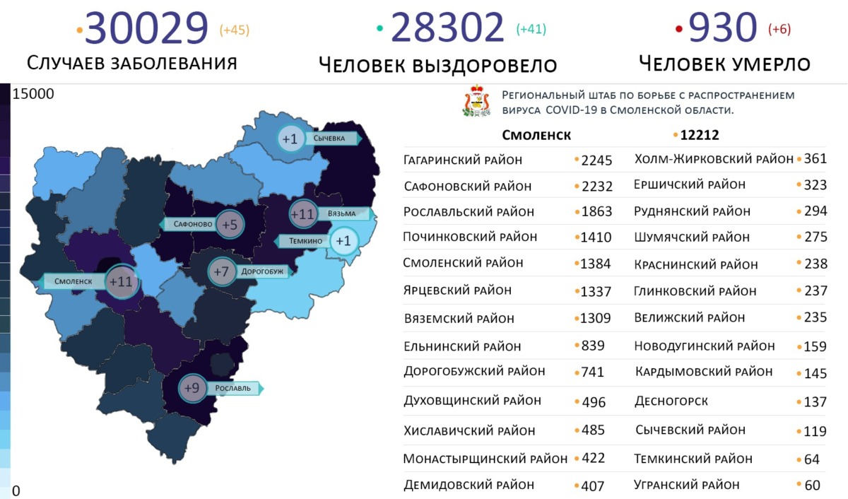 В Смоленской области новые случаи коронавируса на 13 мая выявили в 7 районах