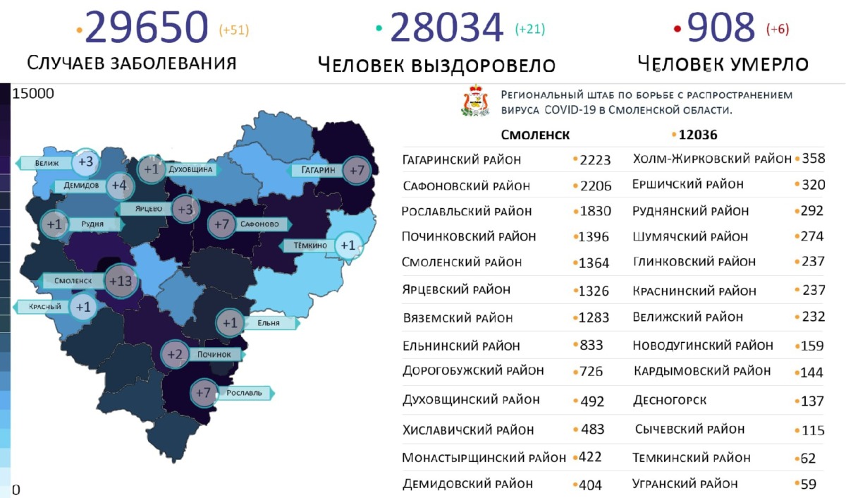 В Смоленской области новые случаи коронавируса выявили на 13 территориях