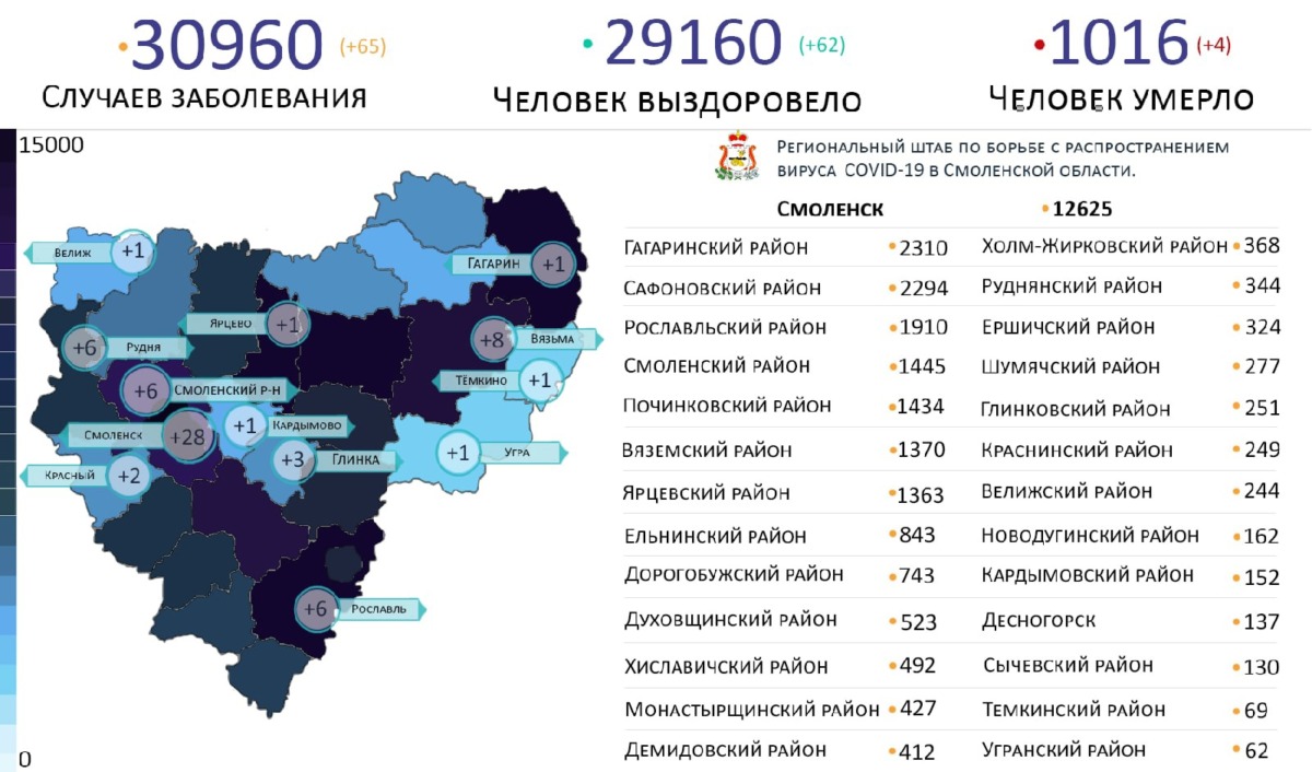 Новые случаи коронавируса выявили в 13 районах Смоленской области
