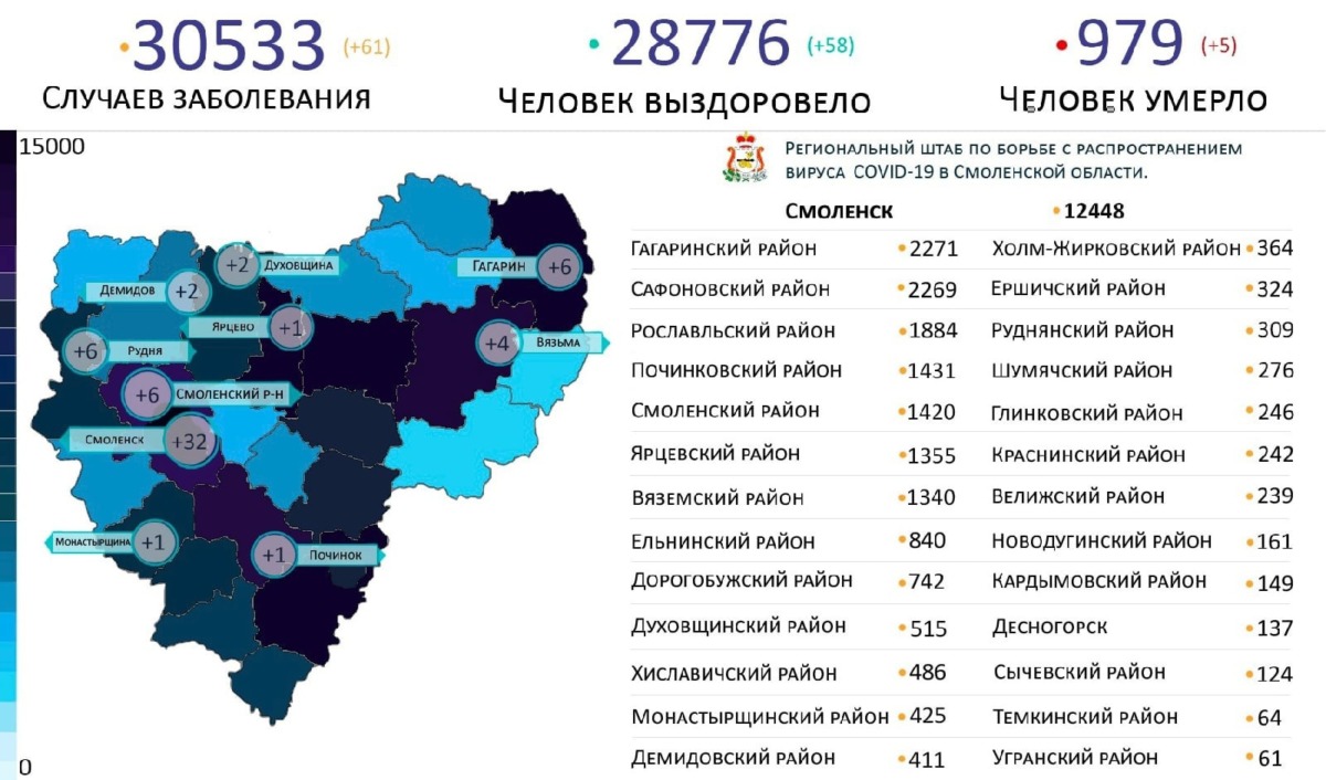 Новые случаи коронавируса в Смоленской области на 22 мая выявили на 10 территориях