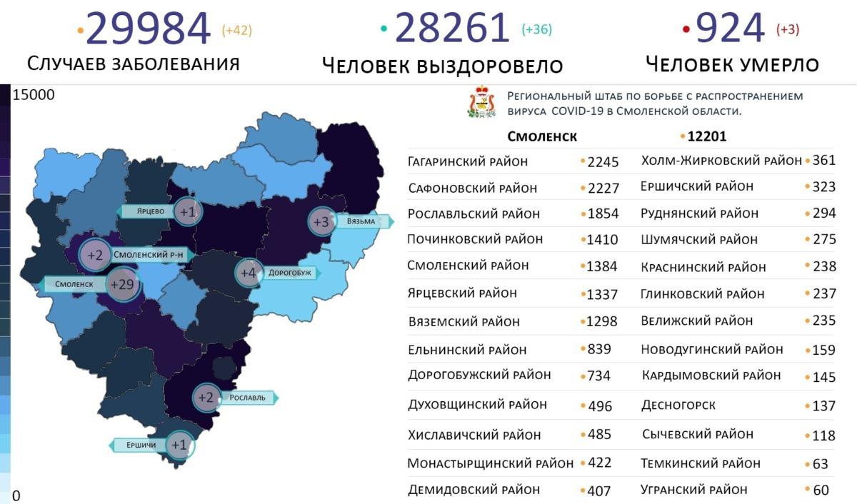 В Смоленской области новые случаи коронавируса выявили в 7 районах