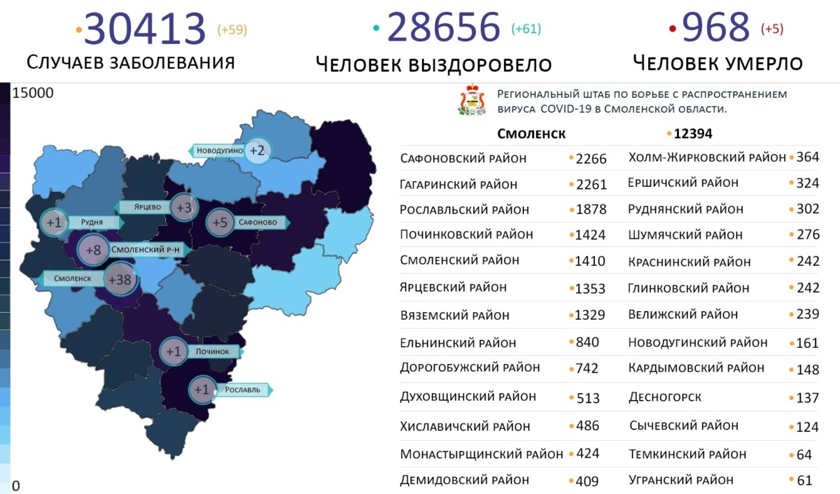 Новые случаи коронавируса выявили на восьми территориях Смоленской области на 20 мая