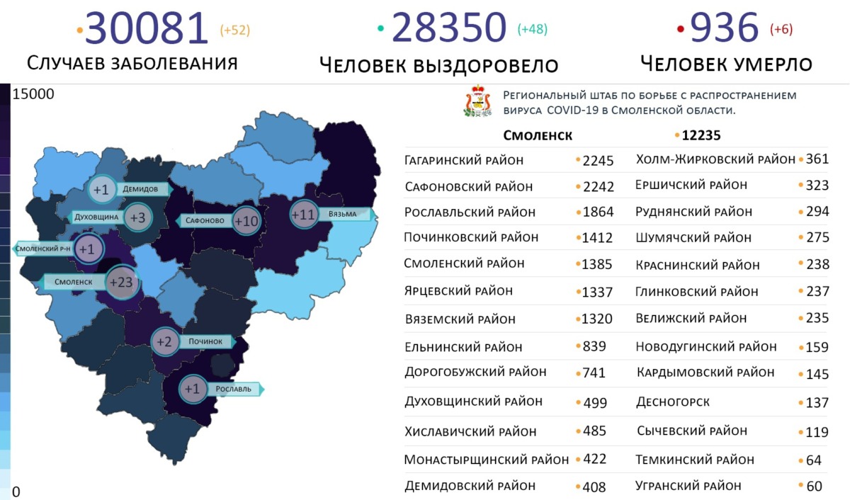 В Смоленской области новые случаи коронавируса на 14 мая выявили в 8 районах