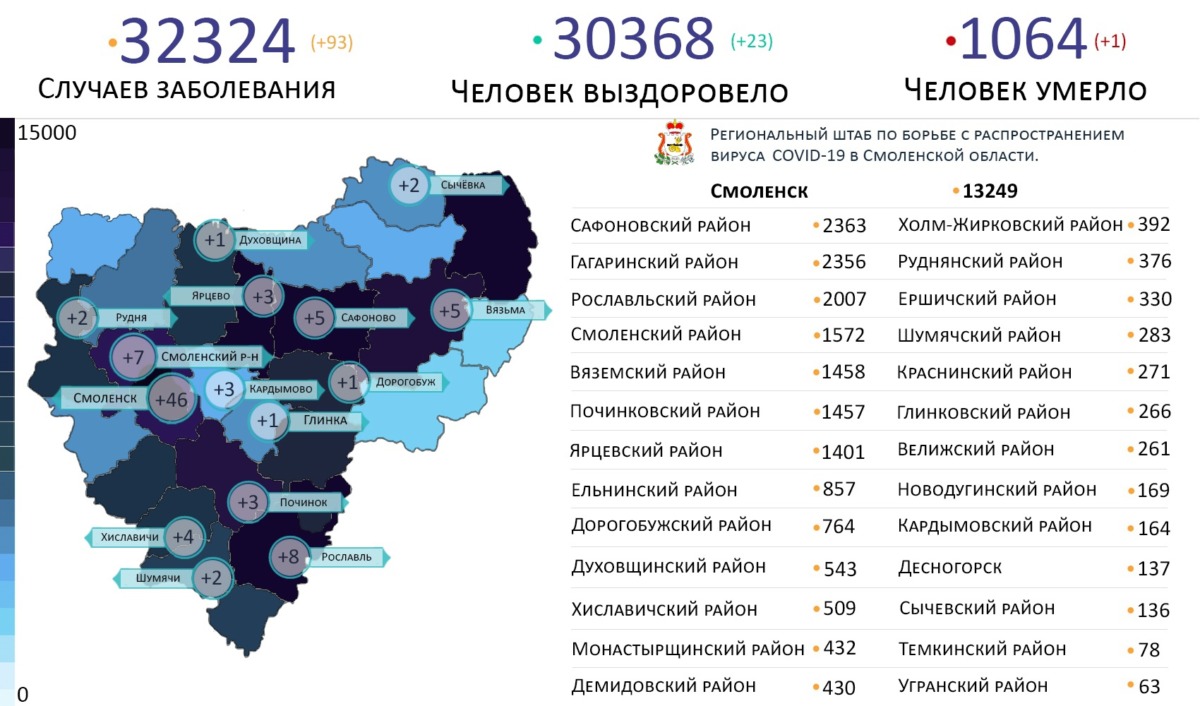 Новые случаи коронавирусса выявили на 15 территориях Смоленской области на 15 июня