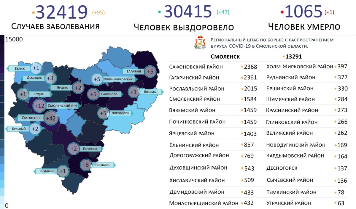 Новые случаи коронавируса выявили в 15 районах Смоленской области на 16 июня