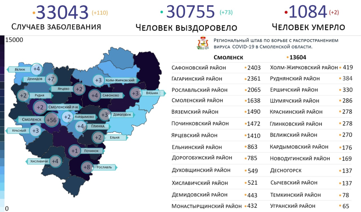 Новые случаи коронавируса выявили на 17 территориях Смоленской области 22 июня