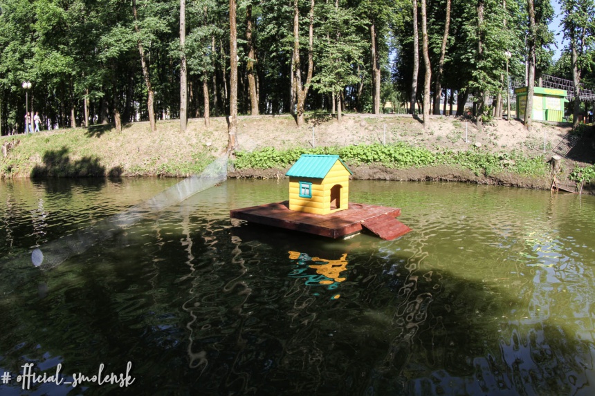 В водоеме Лопатинского сада установили новый домик для лебедей