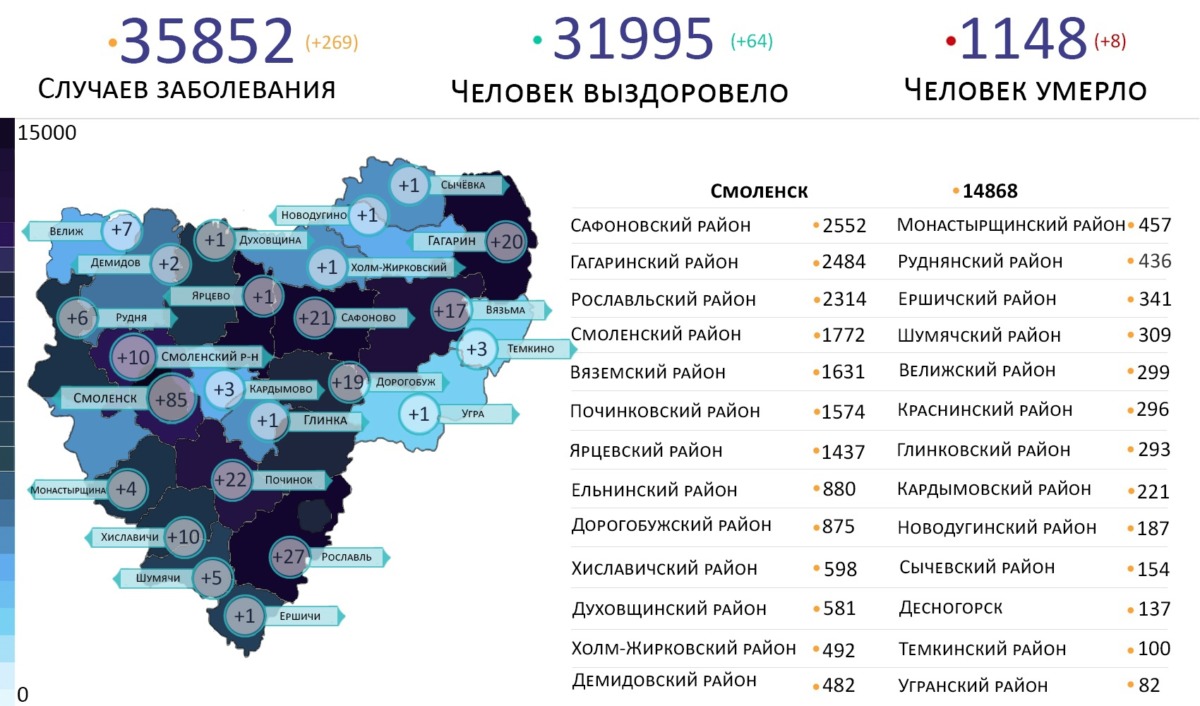 В 24 районах Смоленской области выявили инфицированных коронавирусом