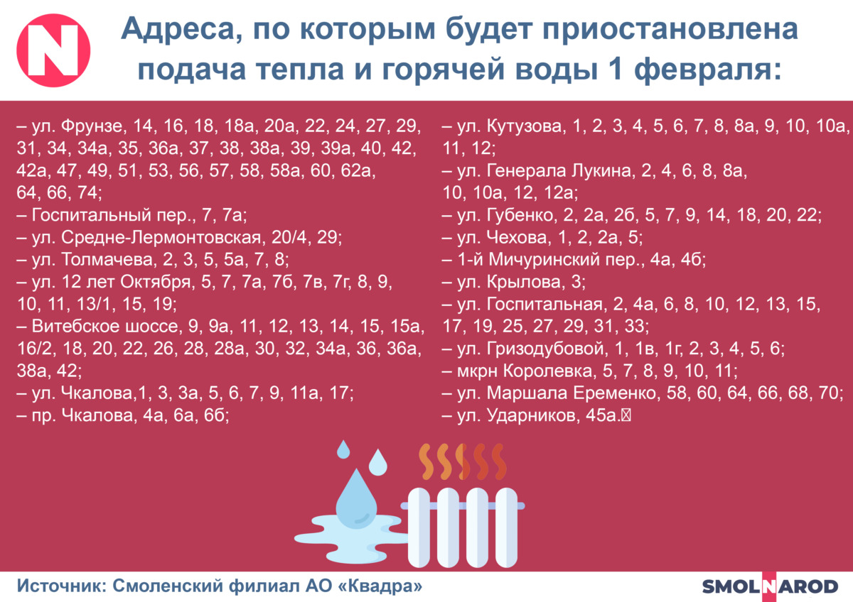 Жители 19 улиц Смоленска останутся без тепла и горячей воды на 17 часов -  SmolNarod.ru