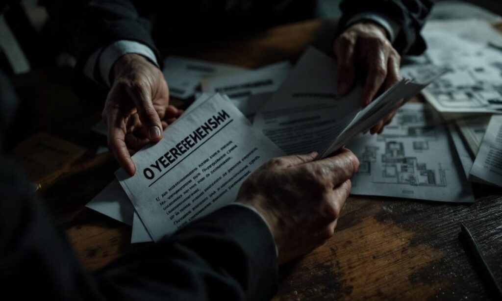 Сцена мошенничества с квартирами с документами на русском языке